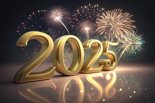 2025 gold with golden and firework happy new year template banner with modern 3d text effect