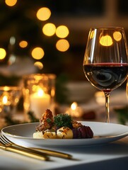 Poster - Elegant dining experience featuring gourmet dish and red wine in a luxurious setting with soft lighting. Generative AI