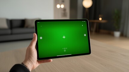Poster - An image of a man using a green mock-up screen digital tablet computer while sitting at his desk. In the background is a cozy living room.