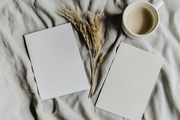 Poster - Blank sheets for a brochure, displayed on a grey background, top view. Mockup.