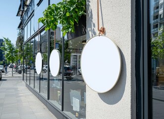 Poster - A contemporary flat design signboard mockup with an empty frame for a logo or text, displayed on a city shop background for exterior street advertising.