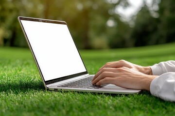 Aufkleber - Woman using and typing on laptop with blank white screen, sitting outside and surrounded by nature