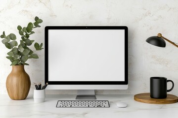 Aufkleber - Stylish workspace of a creative freelancer with computer, books, stationary tools, and green plants. Electronic gadgets and office supplies for remote work.