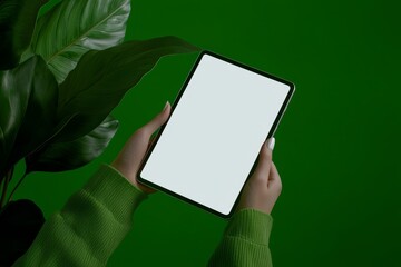 Poster - An image of a woman holding a black tablet PC with a blank white desktop screen and a green background with nature motifs