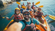 © Halina - A group of smiling friends wearing life jackets kayaking together on a sunny day, enjoying a scenic water adventure.