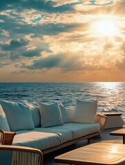 Leinwandbilder - Luxury yacht deck features elegant furniture overlooking a serene sunset on the ocean. Generative AI