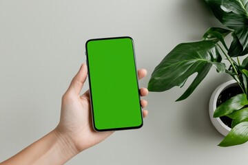 Poster - A woman at home uses a smartphone on the couch with a green mockup screen. A girl surfing the web on her mobile phone. Field of view.