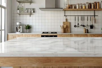 Poster - A trendy marble tabletop on a wooden platform, including copyspace for your logo, against a defocused background of kitchen utensils and dishes on a light wall. 3D rendering, mock-up.