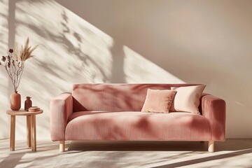 Poster - A trendy living room in a fancy home with a stylish sofa, a yellow side table, dried flowers, a pillow, a carpet, and personal accessories, illustrating modern home decor. Template. Copy space.