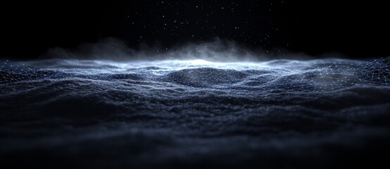 Aufkleber - A 3D rendering of an abstract wave with moving dots and lines, representing the flow of particles in a cyber technology illustration.