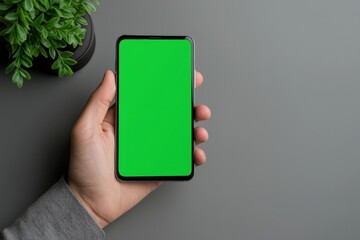 Poster - An isolated man uses a smartphone on chroma key screen. Shot with third-person perspective on blank green screen.