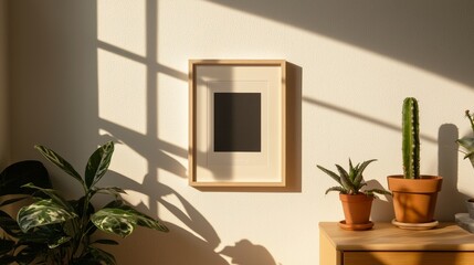 Aufkleber - Minimalist wooden frame for a picture poster set against white wallpaper.