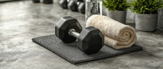 A 3D rendering showing dumbbells on the floor in a conceptual fitness room, featuring a water bottle and various training equipment.