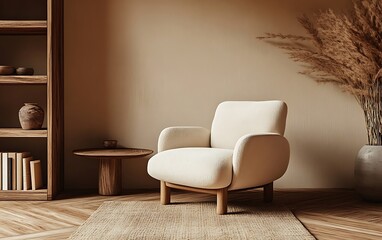 Fototapete - Minimalist Japandi living room showcasing a beige wall with wooden flooring, an armchair for cozy seating, and a bookcase on the left, perfect for design presentations or advertising mockups.