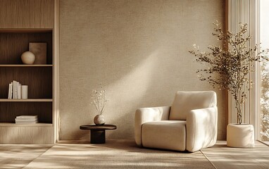 Fototapete - Minimalist Japandi living room showcasing a beige wall with wooden flooring, an armchair for cozy seating, and a bookcase on the left, perfect for design presentations or advertising mockups.