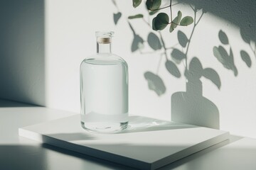 Aufkleber - A minimalist white wall with a concrete texture and a stage setting, highlighted by a green glass vase with plants, provides a neutral backdrop for sustainable natural product displays, including a