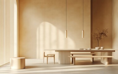 Fototapete - Minimalist kitchen and dining area with a soft beige wall background, emphasizing modernity and elegance. Designed as a mock-up for decor presentations. 3D rendering.