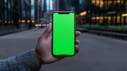Poster - In this technology concept image, a young man uses a smartphone with green chroma key screen against a night time city street.