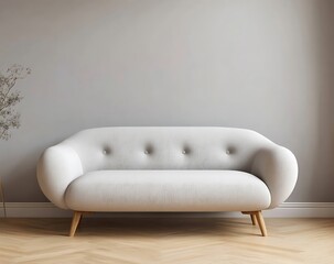 Fototapete - Minimalist light gray living room showcasing Scandinavian home decor, a modern sofa mock-up, simple wall background, natural lighting effects, and polished wooden flooring. Front view design