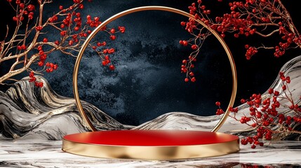 Leinwandbilder - Podium platform room red background base wall pedestal scene show presentation shadow modern circle gold round award. Red background podium product stage studio 3d light display abstract stand award