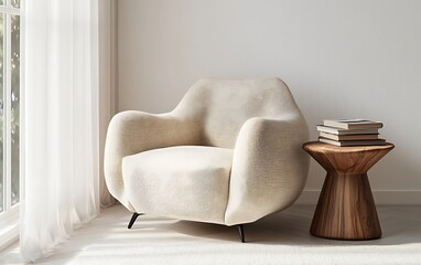 Fototapete - Minimalist living room design with a soft beige armchair, a small wooden side table, and a stack of books against a white wall, bright natural light streaming through the window, and a cozy 