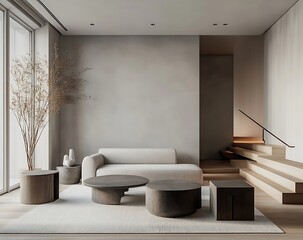 Fototapete - Minimalist light gray living room showcasing Scandinavian home decor, a modern sofa mock-up, simple wall background, natural lighting effects, and polished wooden flooring. Front view design
