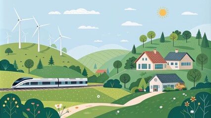 Wall Mural - High speed train traveling through a picturesque green valley, showcasing wind turbines on rolling hills and houses with solar panels, representing sustainable transportation and clean energy