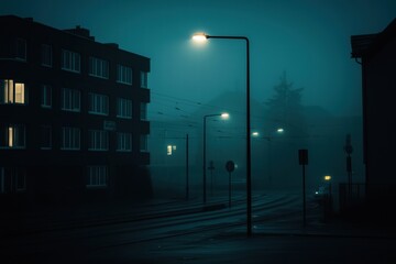 Aufkleber - Dark cityscape with illuminated windows creating a mysterious atmosphere during the night. Generative AI