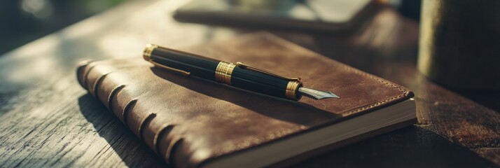 Aufkleber - Luxury fountain pen with gold accents placed elegantly on a leather bound notebook on a rustic wooden table. Generative AI