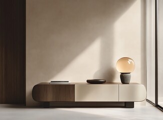 Fototapete - Minimalist living room interior with a clean beige wall, sleek sideboard, and a small decorative lamp.