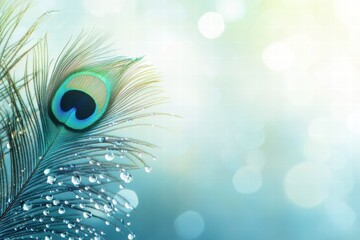 Poster - Close up view of a peacock feather adorned with dew drops in a vibrant nature setting. Generative AI