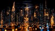 © Zaleman - The futuristic neon cityscape is reminiscent of a digital network of skyscrapers, resembling a network of skyscrapers illuminated by blue and orange lights.