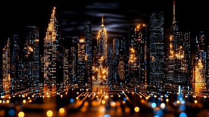 Aufkleber - The futuristic neon cityscape is reminiscent of a digital network of skyscrapers, resembling a network of skyscrapers illuminated by blue and orange lights.