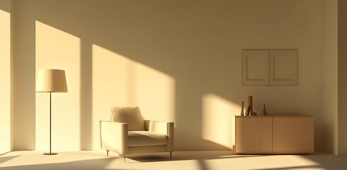 Fototapete - Minimalist living room setup with a single armchair, a simple cabinet, and a modern lamp placed on a beige backdrop, exuding calm and sophistication.
