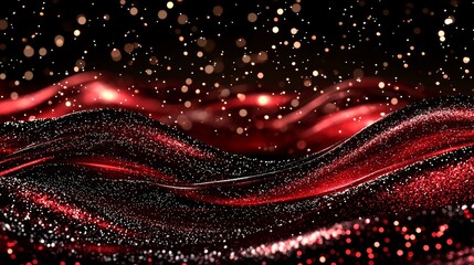 Fototapete - Golden dust particles create curve patterns with depth of field on the red background. Golden particles in red fluid abstract backgrounds.