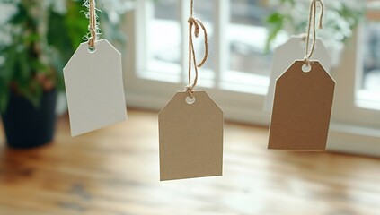 Poster - Three hanging tags in a bright indoor setting with wooden flooring.