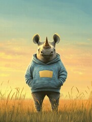 Aufkleber - Close up of a solitary rhino standing confidently in a barren savanna with room for text above or below. Generative AI