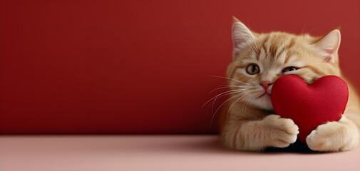 Ginger kitten hugging toy red heart. Cute cat on pink background. Valentine's Day love concept. Banner, advertisement, billboard for animal shelter, veterinary clinic	