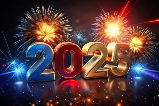2025 3d with firework text effect New Year's lights gold and dark red colors bake background with glowing