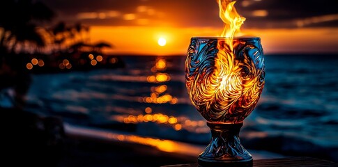 Poster - Tiki torch flames on a beach at sunset, perfect for romantic or tropical photography.