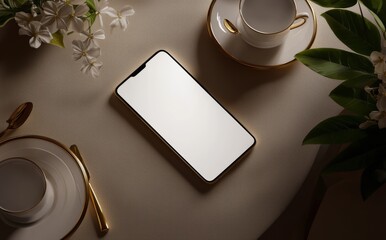 Poster - A mockup of a phone with a blank screen sitting on a summer dinner table