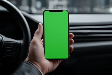 Poster - Seeing the steering wheel and dashboard of a car while holding a smartphone with a green screen