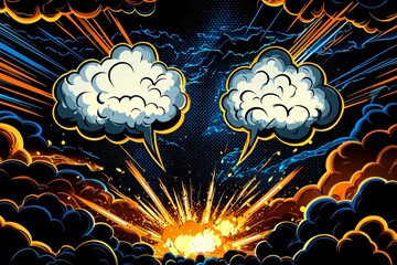 Aufkleber - Communication, pop art, comics, and expression in a comic-style illustration with two speech bubbles on blue backgrounds.