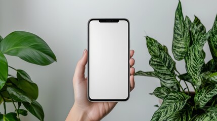 Poster - In front of a window, a hand holds a smartphone with a blank screen. Stock image
