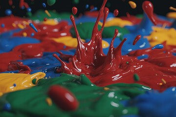 Poster - Splattered paint drops frozen mid-air, with bold primary colors.