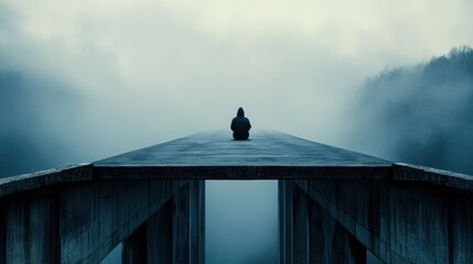 Poster - Lonely figure contemplating life on a foggy bridge in a serene, isolated landscape. Generative AI