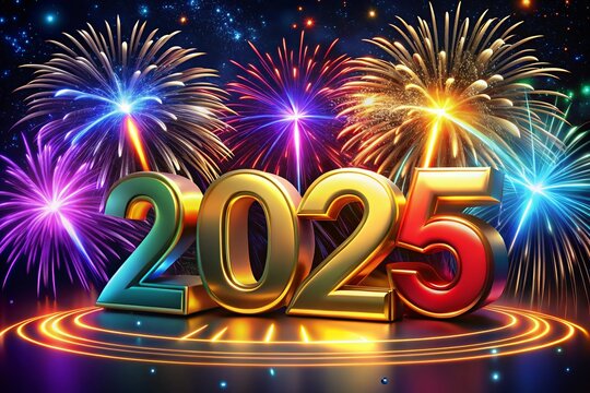 2025 3d text effect New Year's lights gold and dark red colors bake background with glowing