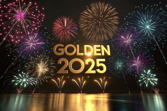 new year fireworks 2025 3d text effect New Year's lights gold and dark red colors bake background with glowing
