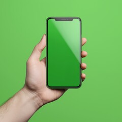 Poster - A hand holds a smartphone that has a blank green screen. Mockup A hand holds a smartphone that has a green chroma key.