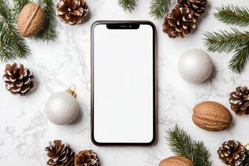 Poster - A green screen phone mock-up on a festive Christmas background of ornaments, gifts, and pine, ideal for a winter season card
